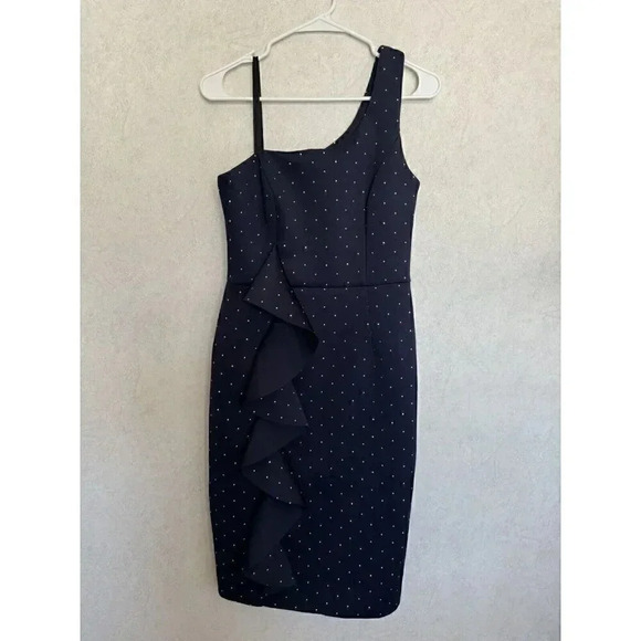 NWT BETSY & ADAM One Shoulder Ruffle Grommet Sheath Dress Navy Metal Stud Sz 8 - Picture 2 of 9